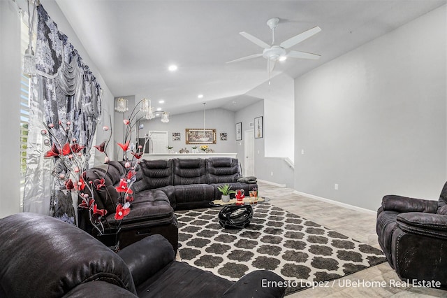 4061 Tributary Dr, Holland, MI 49424 - living room featuring wood finished floors, vaulted ceiling, a ceiling fan, and recessed lighting