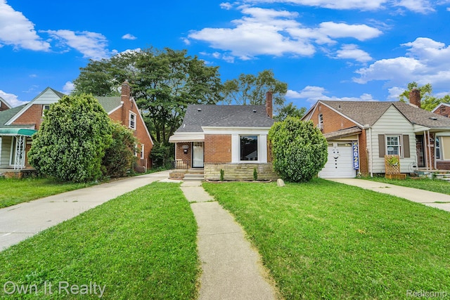 6031 Grandville Ave, Dearborn, MI 48228 - bungalow with concrete driveway, a front yard, brick siding, an attached garage, and a chimney