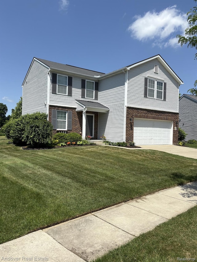 8213 Bayberry Ct, Dexter, MI 48130 - traditional home with brick siding, a garage, driveway, and a front yard