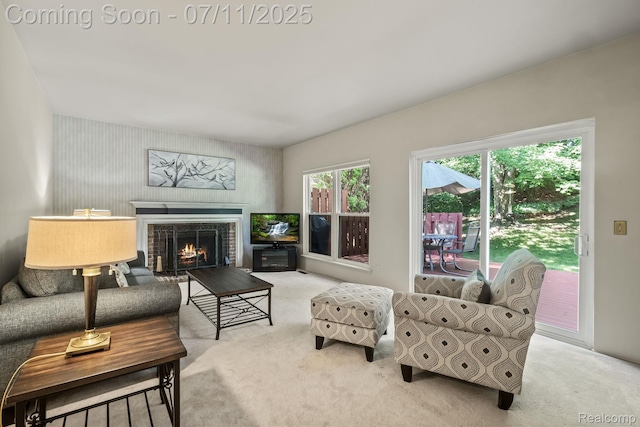 2686 Orbit Dr, Lake Orion, MI 48360 - living room featuring carpet and a brick fireplace