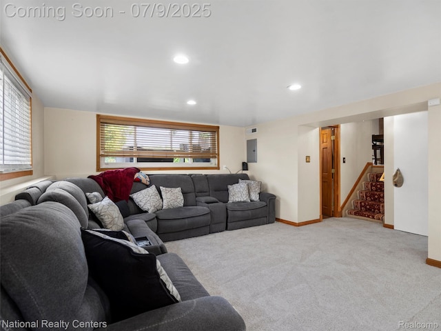 2553 Koper Dr, Macomb, MI 48310 - living room featuring electric panel, carpet, recessed lighting, and stairway