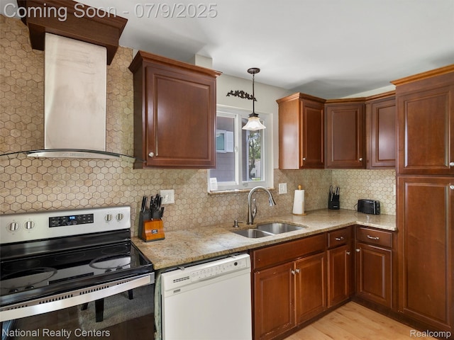 2553 Koper Dr, Macomb, MI 48310 - kitchen featuring white dishwasher, stainless steel range with electric cooktop, wall chimney range hood, light stone countertops, and decorative backsplash