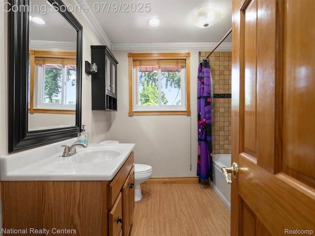 2553 Koper Dr, Macomb, MI 48310 - bathroom with vanity, wood finished floors, shower / bath combination with curtain, and crown molding