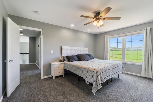10501 Somerset Rd, Cement City, MI 49233 - bedroom with dark colored carpet, recessed lighting, and a ceiling fan