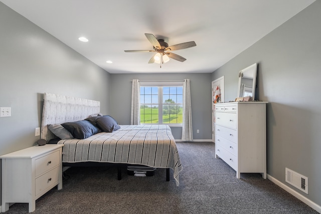 10501 Somerset Rd, Cement City, MI 49233 - bedroom featuring dark carpet, a ceiling fan, and recessed lighting