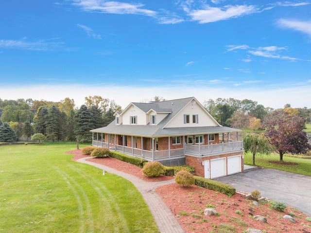 4700 Raap Rd, Bruce, MI 48065 - farmhouse-style home with an attached garage, a front lawn, brick siding, covered porch, and asphalt driveway