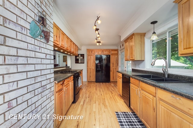 7320 N River Rd, Freeland, MI 48623 - kitchen featuring black appliances, dark countertops, under cabinet range hood, crown molding, and light wood finished floors