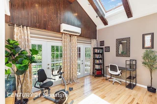 7320 N River Rd, Freeland, MI 48623 - office area featuring french doors, an AC wall unit, a skylight, wood finished floors, and high vaulted ceiling