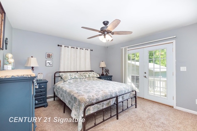 7320 N River Rd, Freeland, MI 48623 - bedroom featuring access to exterior, french doors, light colored carpet, and ceiling fan