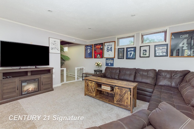 7320 N River Rd, Freeland, MI 48623 - living room featuring crown molding, carpet, and a glass covered fireplace