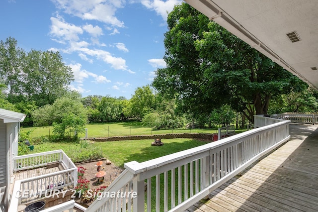 7320 N River Rd, Freeland, MI 48623 - wooden terrace featuring a yard and view of wooded area