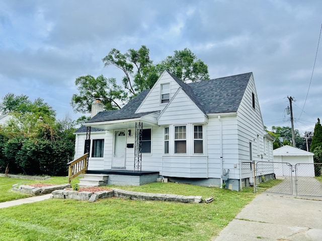 9544 Nathaline Ave, Redford, MI 48239 - bungalow with a gate, a chimney, a front lawn, and roof with shingles