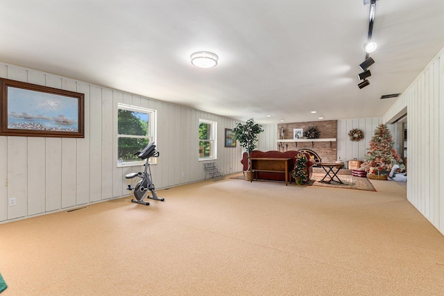 1818 Greenbriar Dr, Portage, MI 49024 - exercise room with carpet flooring, a fireplace, and wooden walls
