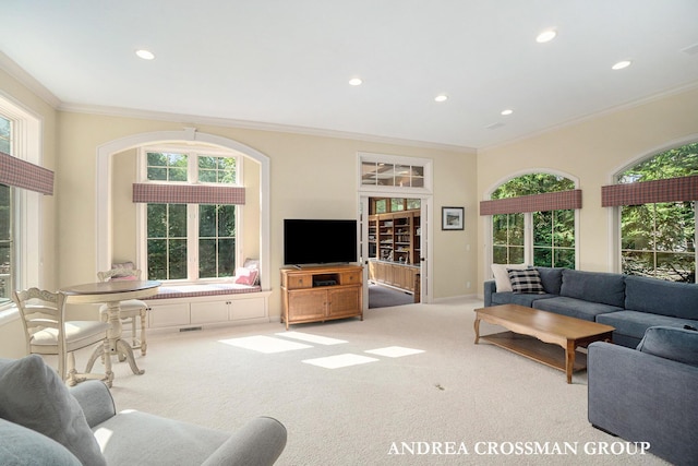 41 Bay Meadows Dr, Holland, MI 49424 - carpeted living area with crown molding, recessed lighting, and plenty of natural light