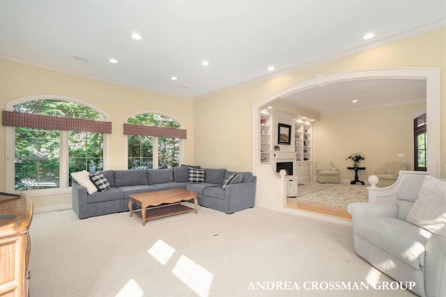 41 Bay Meadows Dr, Holland, MI 49424 - carpeted living area with a fireplace, arched walkways, ornamental molding, and recessed lighting