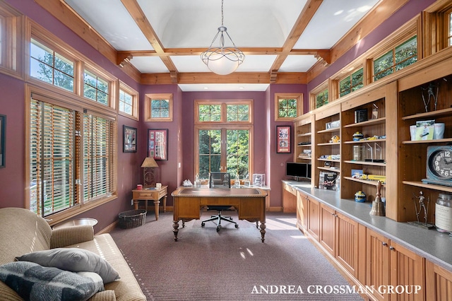 41 Bay Meadows Dr, Holland, MI 49424 - office area featuring coffered ceiling, beam ceiling, light carpet, and a high ceiling