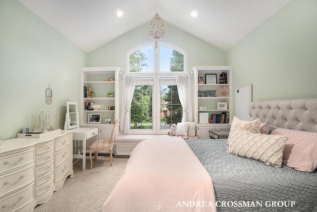 41 Bay Meadows Dr, Holland, MI 49424 - bedroom featuring light colored carpet, vaulted ceiling, multiple windows, and a chandelier