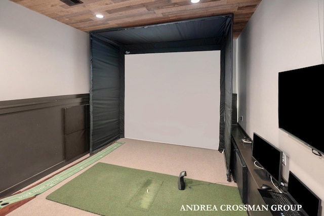 41 Bay Meadows Dr, Holland, MI 49424 - carpeted home theater room with wood ceiling, recessed lighting, and golf simulator