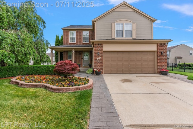 17952 Marsal Dr, Macomb, MI 48042 - traditional-style home featuring brick siding, a garage, concrete driveway, and a porch