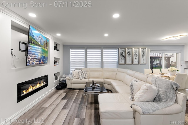 17952 Marsal Dr, Macomb, MI 48042 - living room with a glass covered fireplace, wood finished floors, recessed lighting, and ornamental molding