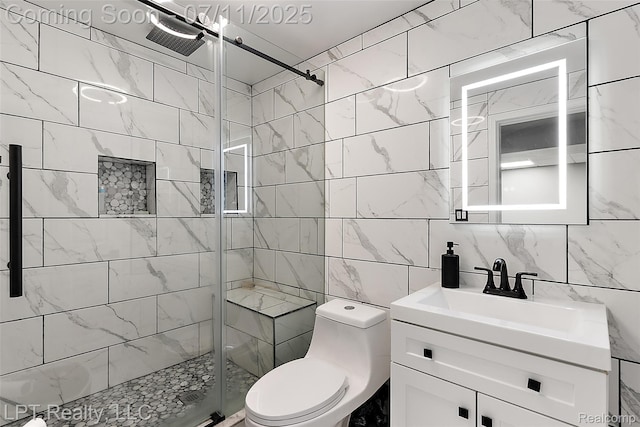 17952 Marsal Dr, Macomb, MI 48042 - bathroom featuring vanity, a shower stall, and tile walls