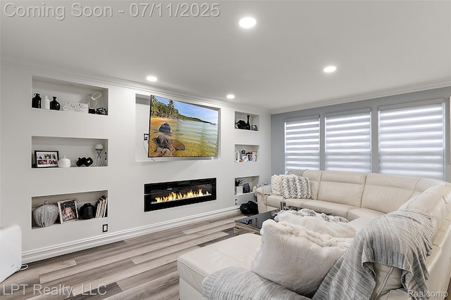 17952 Marsal Dr, Macomb, MI 48042 - living area with ornamental molding, a glass covered fireplace, wood finished floors, and recessed lighting
