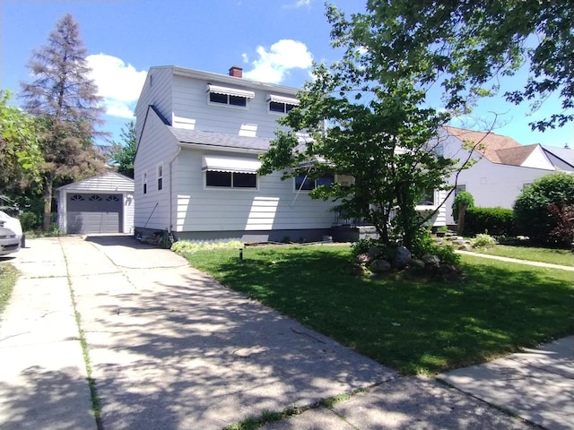 3539 14th St, Wyandotte, MI 48192 - view of front of property with an outbuilding, concrete driveway, a detached garage, and a front lawn