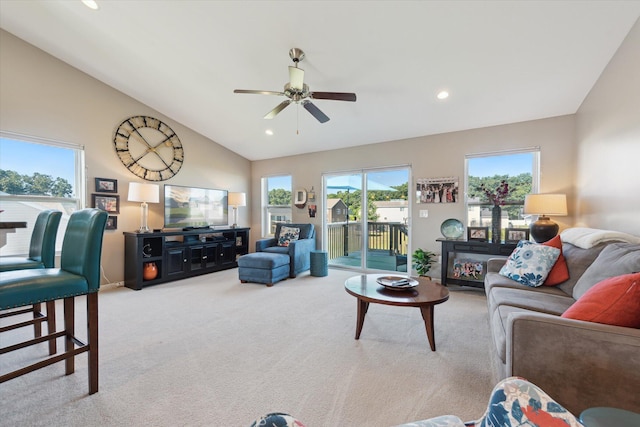 58852 Silvergrass Dr, Mattawan, MI 49071 - carpeted living room with ceiling fan, vaulted ceiling, and recessed lighting