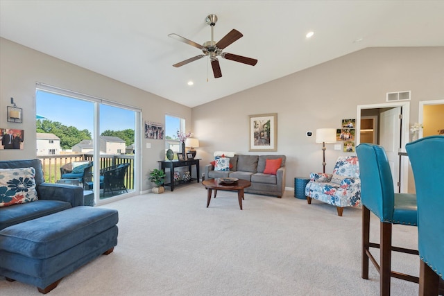 58852 Silvergrass Dr, Mattawan, MI 49071 - living area with lofted ceiling, carpet flooring, a ceiling fan, and recessed lighting
