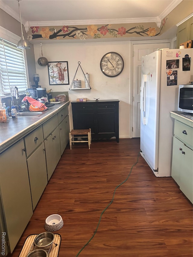 305 Goldengate St, Lake Orion, MI 48362 - kitchen with freestanding refrigerator, dark wood finished floors, and ornamental molding