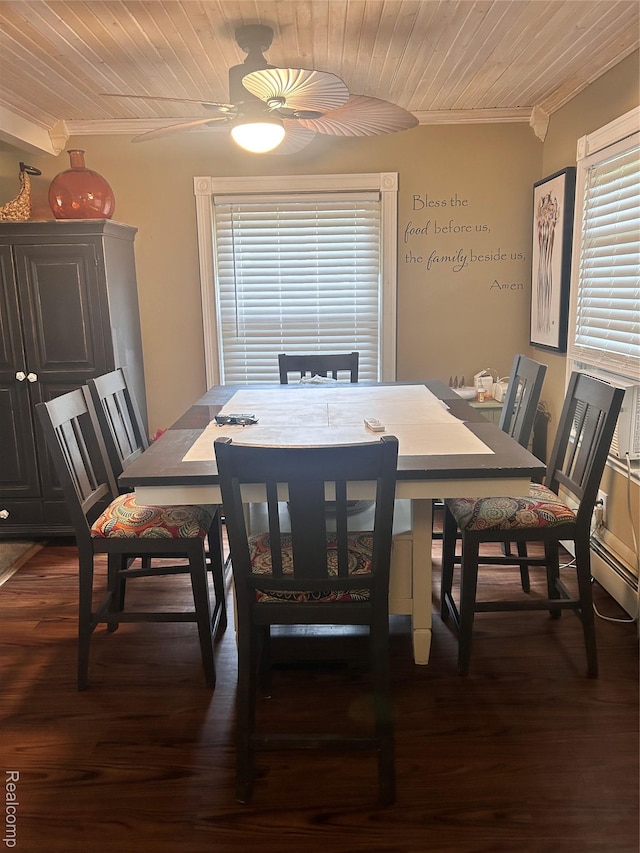 305 Goldengate St, Lake Orion, MI 48362 - dining area featuring ornamental molding, plenty of natural light, dark wood-style flooring, ceiling fan, and wood ceiling