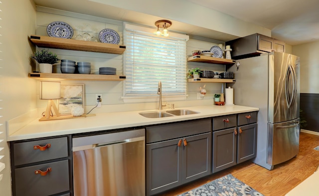 1441 Lewison Ave NE, Grand Rapids, MI 49505 - kitchen with stainless steel appliances, open shelves, gray cabinets, light wood-style flooring, and light countertops
