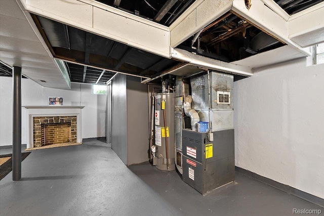 18285 Faust Ave, Detroit, MI 48219 - basement featuring gas water heater, heating unit, and a fireplace