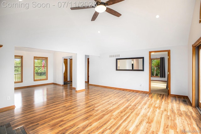 161OXBOW Oxbow Lake Rd, White Lake, MI 48386 - unfurnished living room with healthy amount of natural light, high vaulted ceiling, ceiling fan, and light wood finished floors