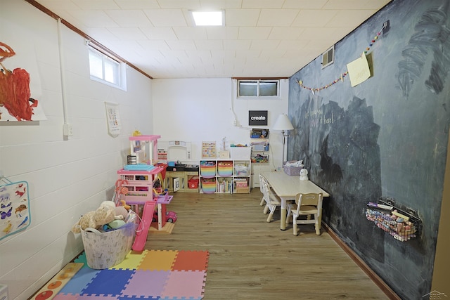 514 Hunter St, Saginaw, MI 48602 - game room featuring wood finished floors and concrete block wall