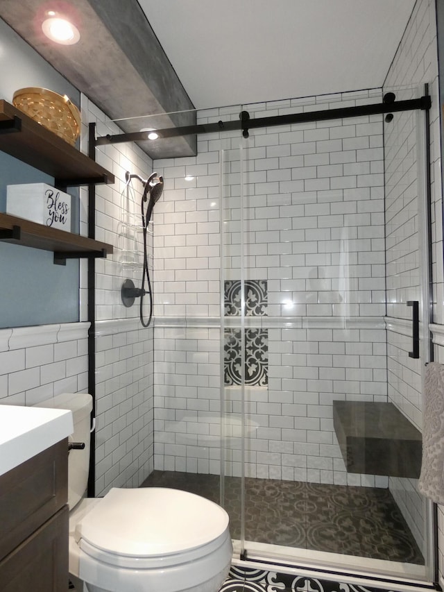 630 Forest St, Wyandotte, MI 48192 - full bath with a stall shower, vanity, tile walls, and recessed lighting