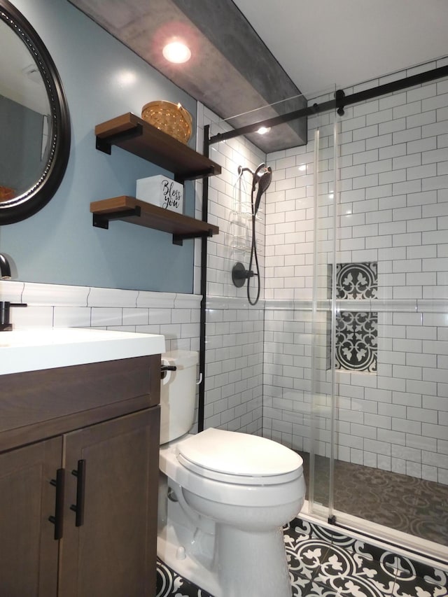 630 Forest St, Wyandotte, MI 48192 - full bathroom with tile walls, a shower stall, vanity, tile patterned floors, and recessed lighting
