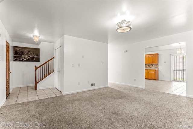 1625 Ferney St, Dearborn Heights, MI 48120 - unfurnished living room with light carpet, light tile patterned flooring, and stairway