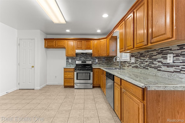 1625 Ferney St, Dearborn Heights, MI 48120 - kitchen featuring stainless steel appliances, brown cabinetry, backsplash, and recessed lighting