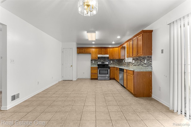 1625 Ferney St, Dearborn Heights, MI 48120 - kitchen featuring stainless steel appliances, brown cabinetry, backsplash, light tile patterned floors, and recessed lighting