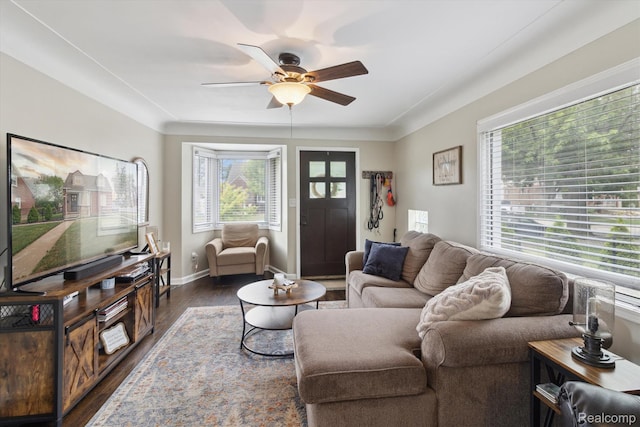15404 Belmont Ave, Allen Park, MI 48101 - living area with healthy amount of natural light, ceiling fan, and dark wood-type flooring