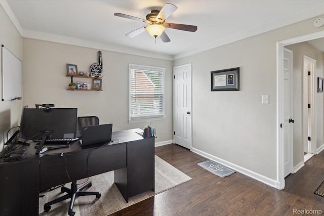 15404 Belmont Ave, Allen Park, MI 48101 - office with ceiling fan, dark wood finished floors, and ornamental molding