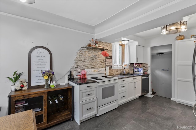 15433 Kinloch, Redford, MI 48239 - kitchen featuring white range with electric stovetop, stainless steel dishwasher, tasteful backsplash, dark countertops, and white cabinetry