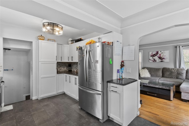 15433 Kinloch, Redford, MI 48239 - kitchen with freestanding refrigerator, white cabinets, open floor plan, and backsplash