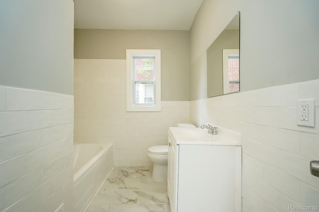 17344 Wisconsin St, Detroit, MI 48221 - full bathroom with tile walls, vanity, marble look tiles, a bath, and wainscoting