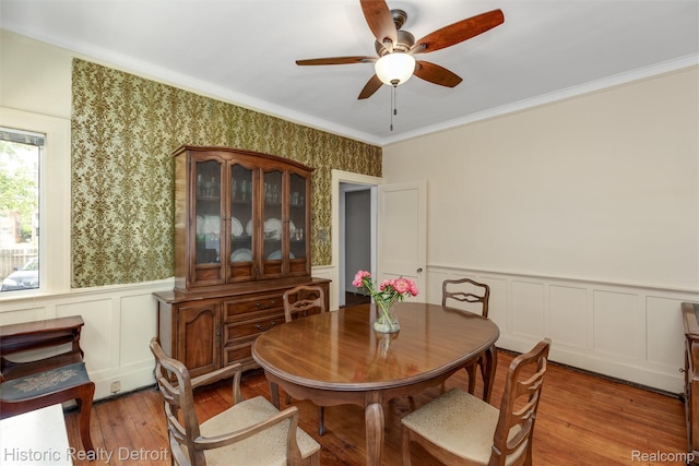1536 Glynn Ct, Detroit, MI 48206 - dining space featuring ceiling fan, wainscoting, wood finished floors, crown molding, and a decorative wall