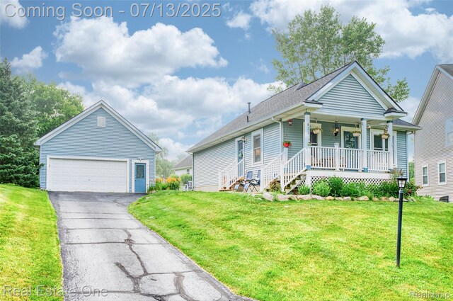 421 Montclair Ln, Howell, MI 48843 - view of front of property with a porch, a front yard, a garage, and a shingled roof