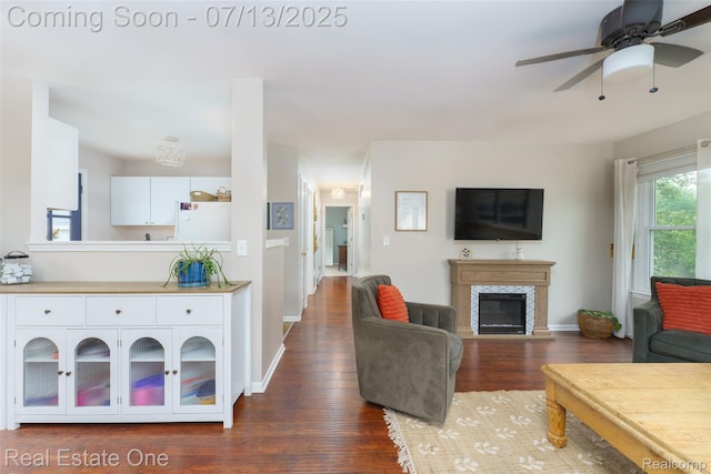 421 Montclair Ln, Howell, MI 48843 - living area featuring wood finished floors, a ceiling fan, and a fireplace