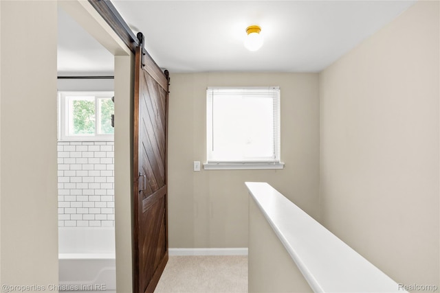 61374 Dean Dr, South Lyon, MI 48178 - corridor featuring a barn door and light carpet