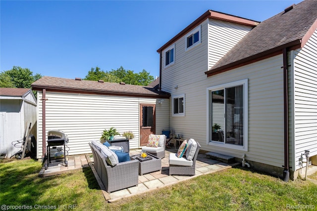 61374 Dean Dr, South Lyon, MI 48178 - rear view of property featuring outdoor lounge area, a patio, a yard, and roof with shingles